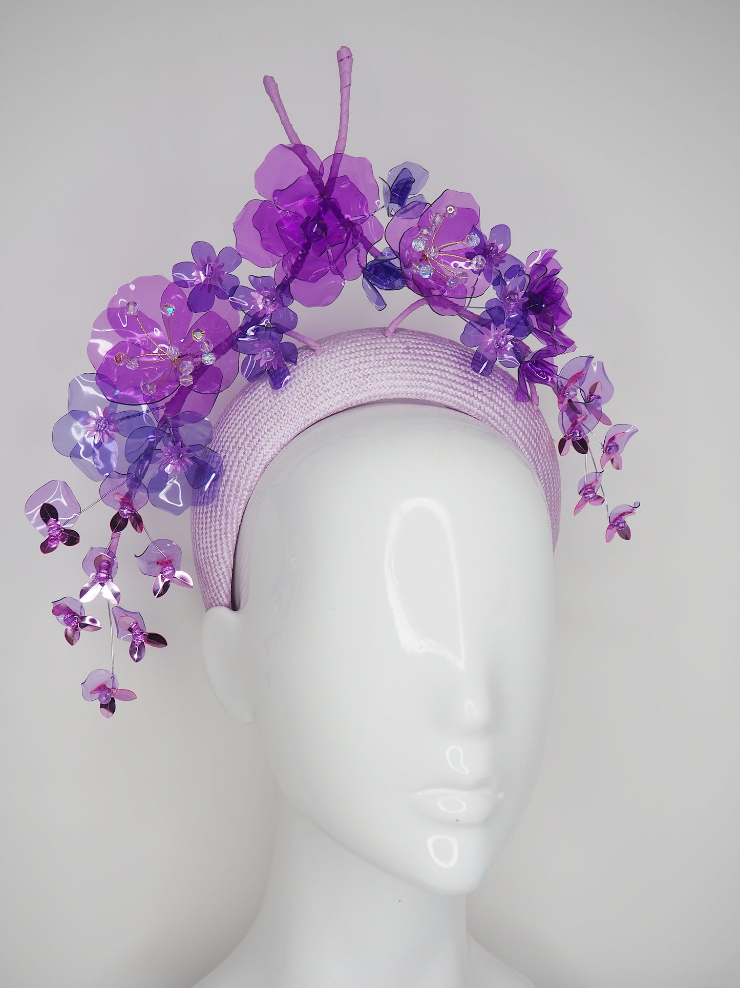 Pretty in Purple - Pastel lilac Parisissal straw 3d headband with cascading blossoms in shades of purple