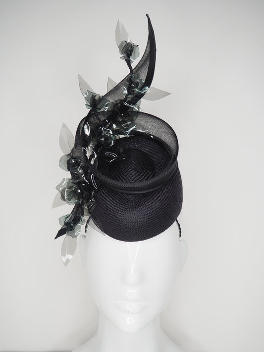 Whisper of smoke - Black Pork pie with crinoline Swirl an crystoform roses.