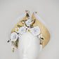 While the sun shines - Knotted Natural straw with white leather flowers, crinoline and touches of gold
