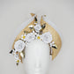 While the sun shines - Knotted Natural straw with white leather flowers, crinoline and touches of gold