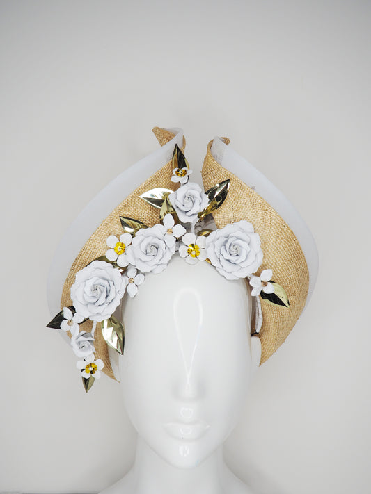 While the sun shines - Knotted Natural straw with white leather flowers, crinoline and touches of gold