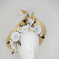 While the sun shines - Knotted Natural straw with white leather flowers, crinoline and touches of gold