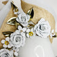 While the sun shines - Knotted Natural straw with white leather flowers, crinoline and touches of gold