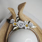 While the sun shines - Knotted Natural straw with white leather flowers, crinoline and touches of gold