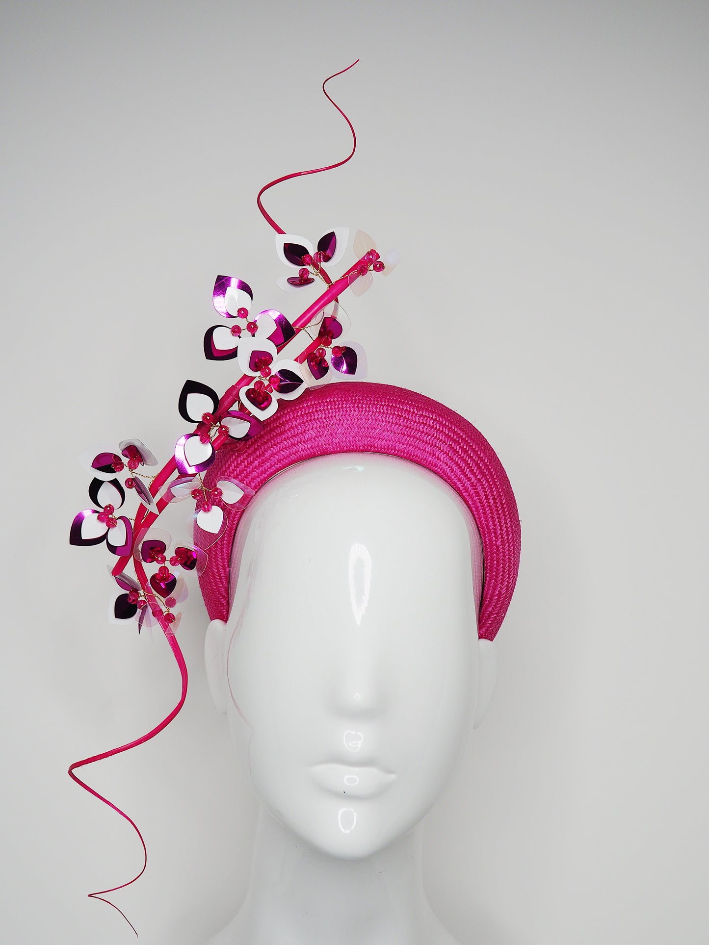 Miss. Pink - Pink 3d headband with a cascade of sequin flowers and quills