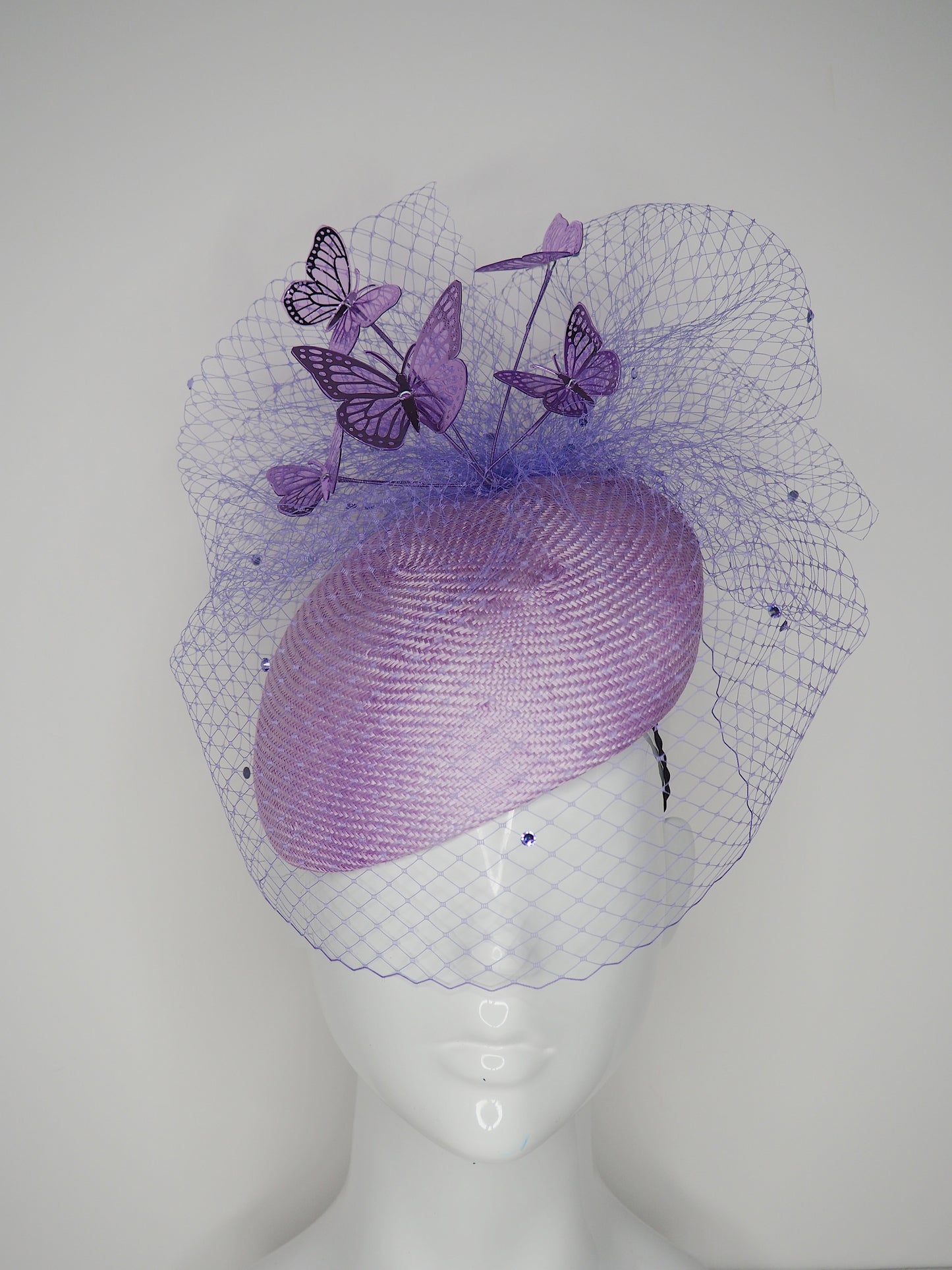 Flutter by Butter fly - Lavender purple Parisisal Straw Face-hugger with lilac butterflies and Diamanté veil