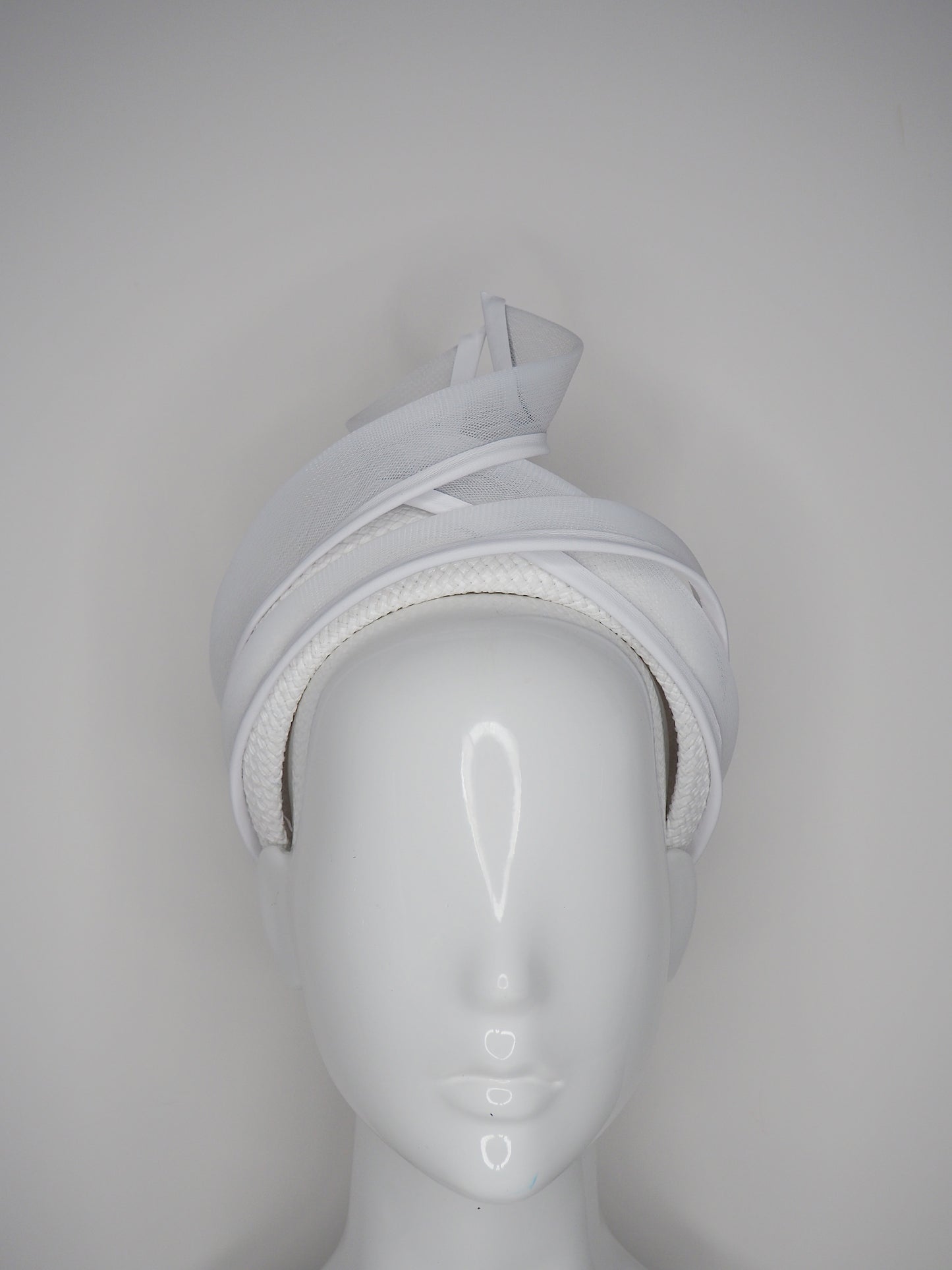 White Flame - White crinoline and leather swirl on a cotton and raffia blocked 3D headband