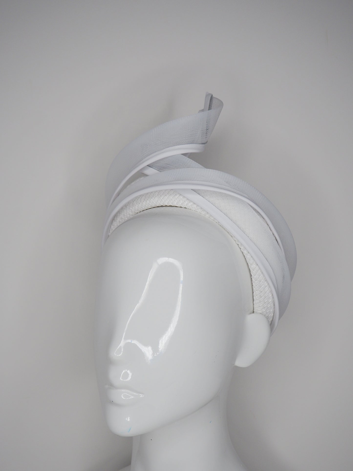 White Flame - White crinoline and leather swirl on a cotton and raffia blocked 3D headband
