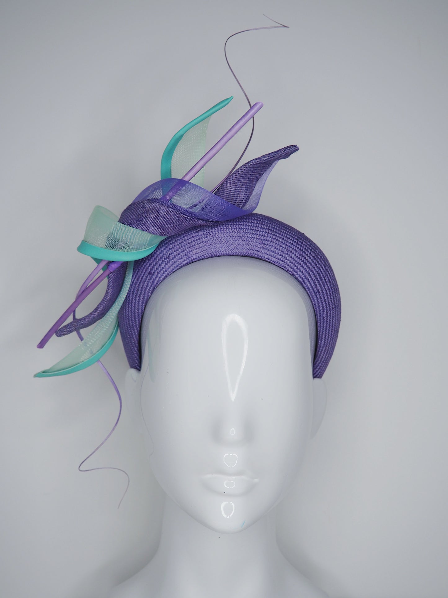 Mint Delight - Deep lilac Parisisal Straw 3d headband with swirls and quills