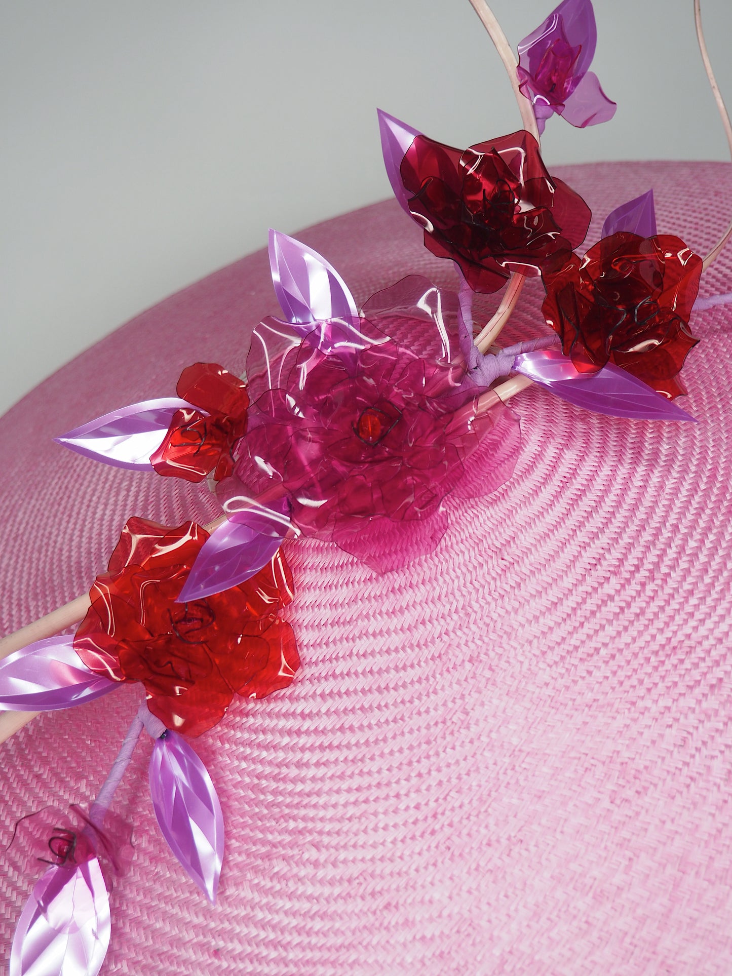 Pink Robin - Candy Pink Coolie brim with Crystoform roses in shades of pink and red with a touch of purple