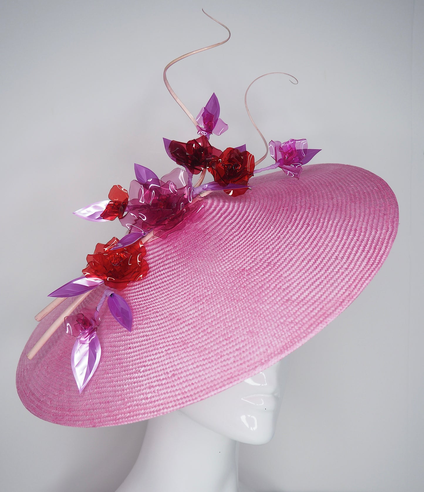 Pink Robin - Candy Pink Coolie brim with Crystoform roses in shades of pink and red with a touch of purple