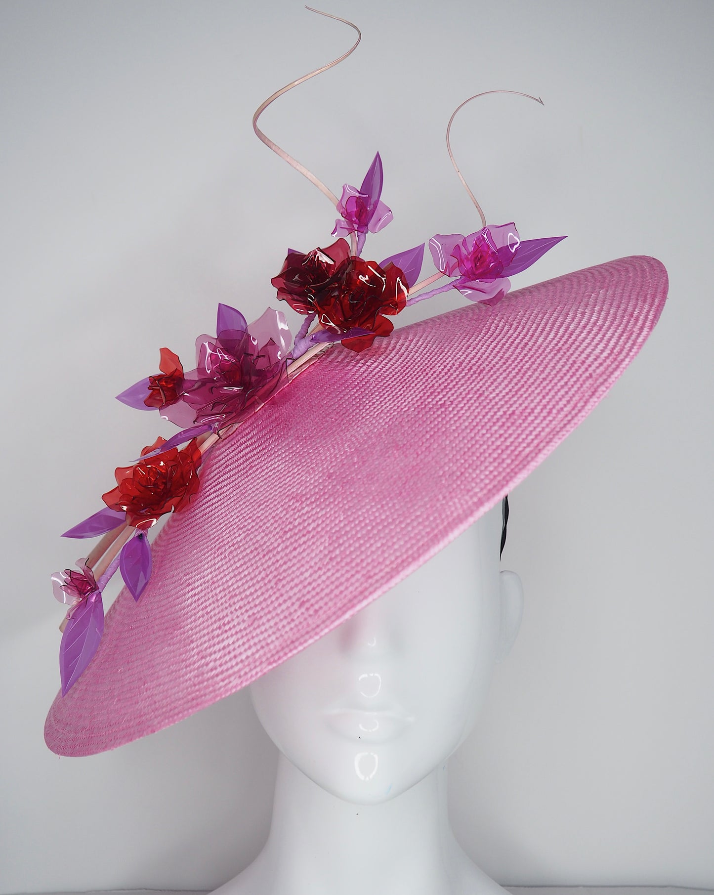 Pink Robin - Candy Pink Coolie brim with Crystoform roses in shades of pink and red with a touch of purple