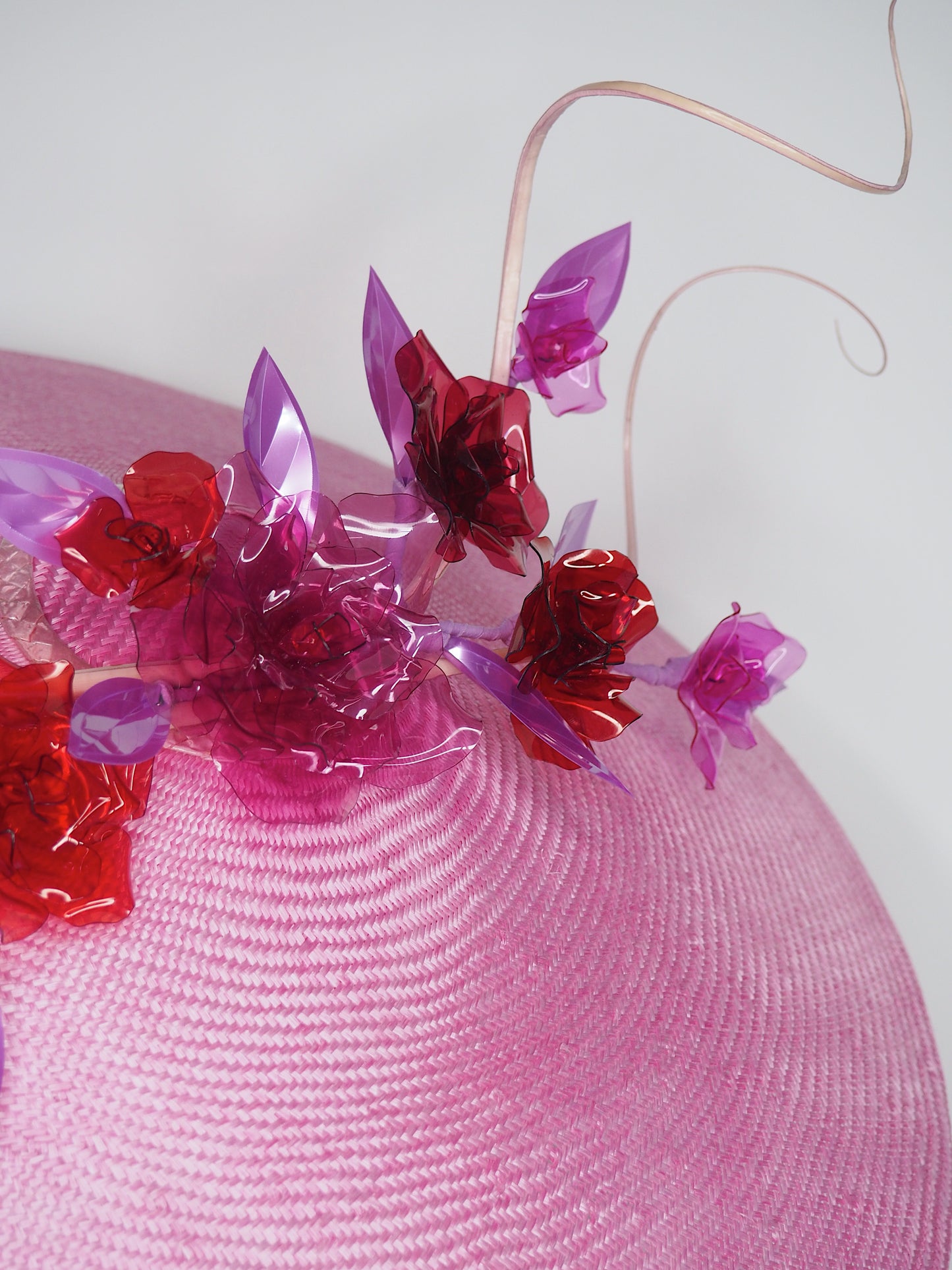 Pink Robin - Candy Pink Coolie brim with Crystoform roses in shades of pink and red with a touch of purple