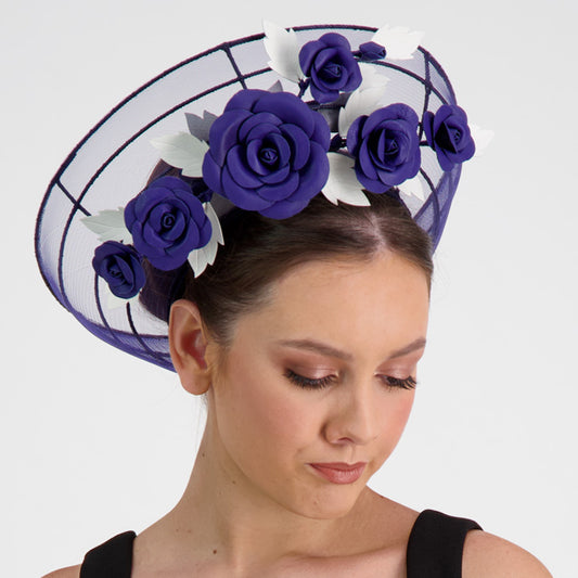 Smoke and Mirrors  - Crinoline covered wirework Breton with Navy Leather Camellias