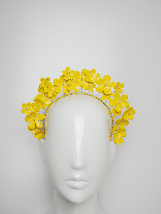 Fields of Flowers - Patent Yellow Leather flower Halo with beaded centres.