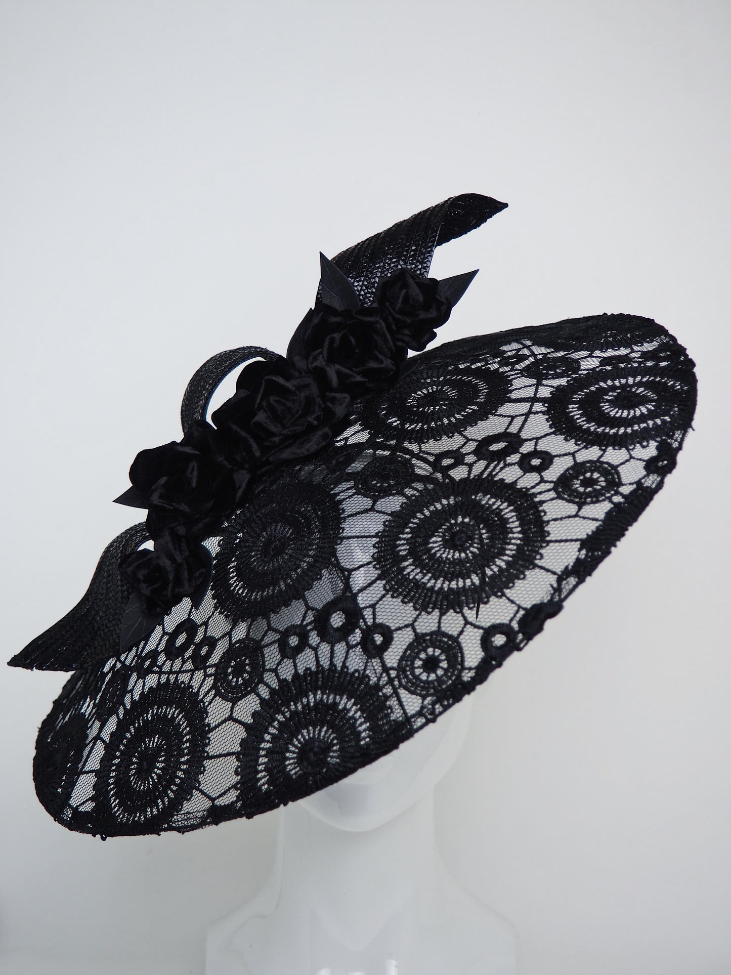 Midnight Eclipse - black lace brim with velvet and leather roses and braid