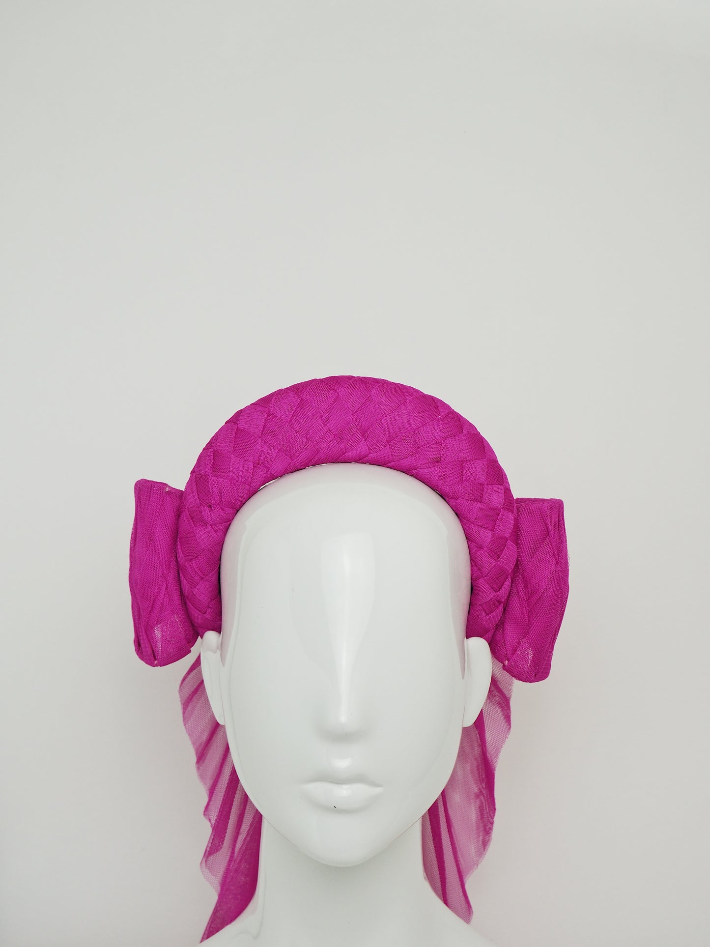 Hot To Trot - Woven pink tulle 3d headband with rear facing bow.