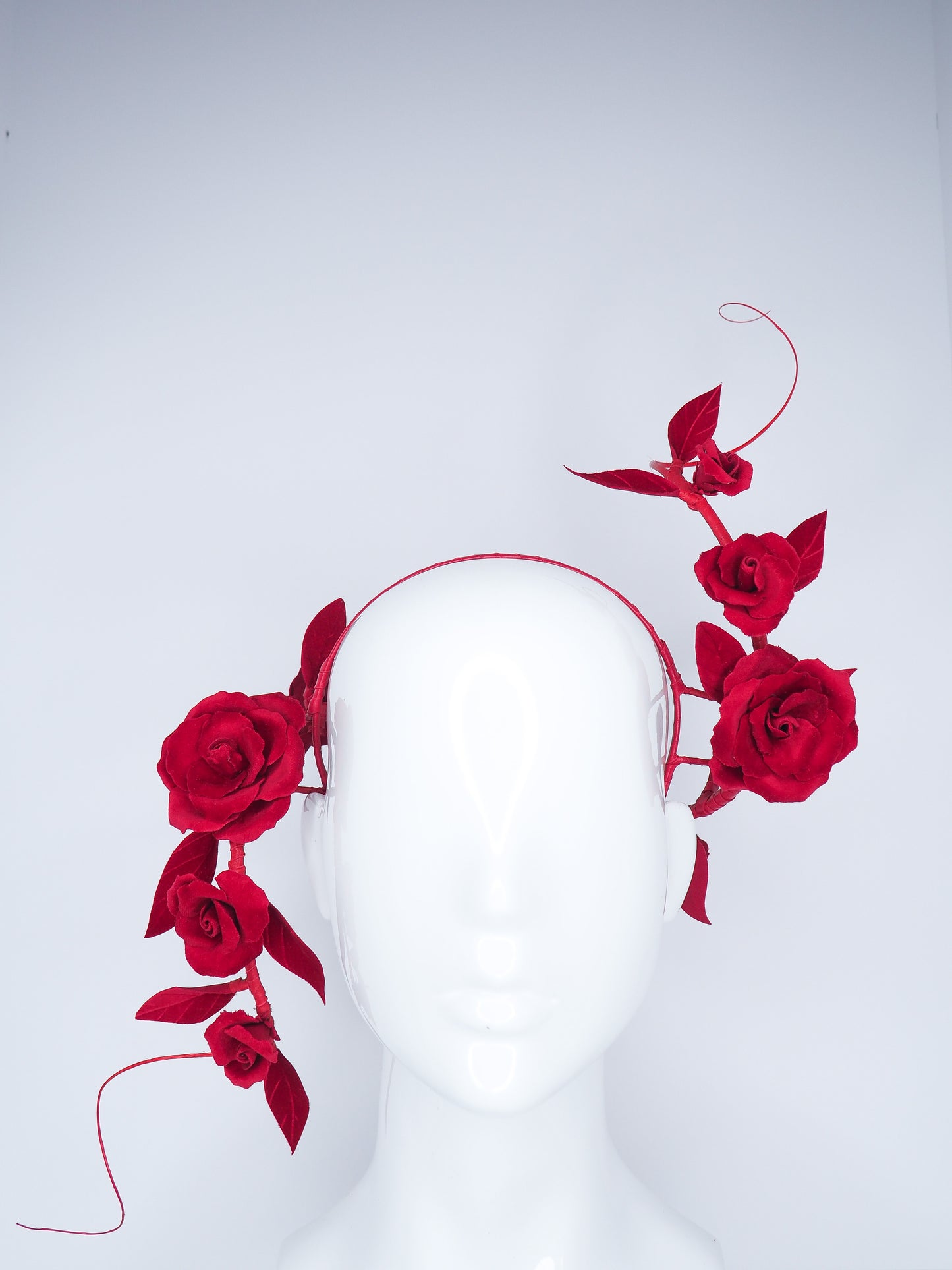 Red Velvet Swirl - Velvet rose wrap headband with leather and Quills