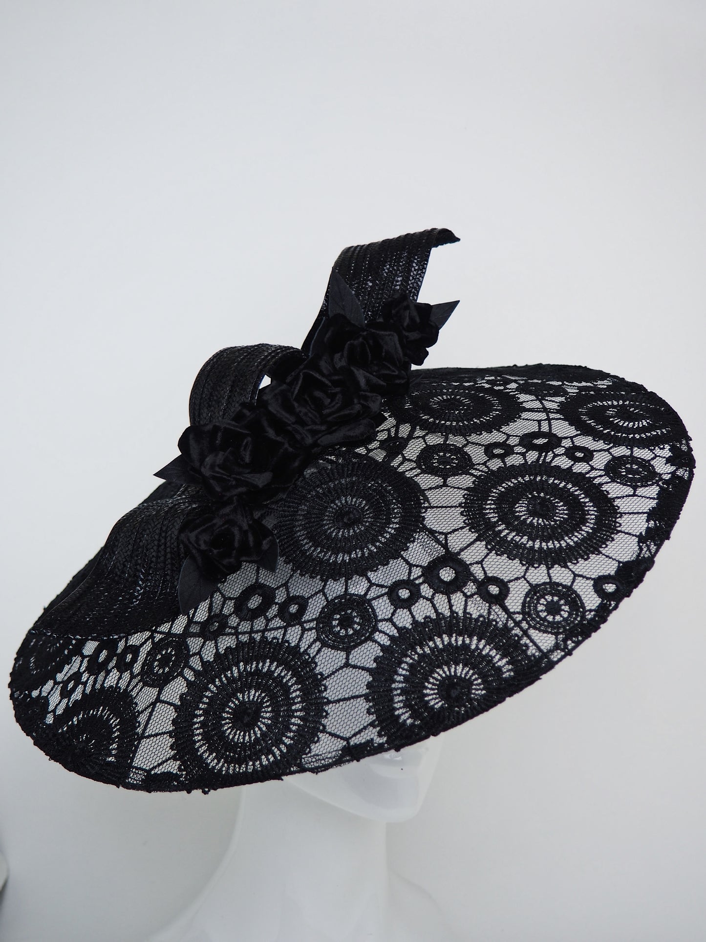 Midnight Eclipse - black lace brim with velvet and leather roses and braid