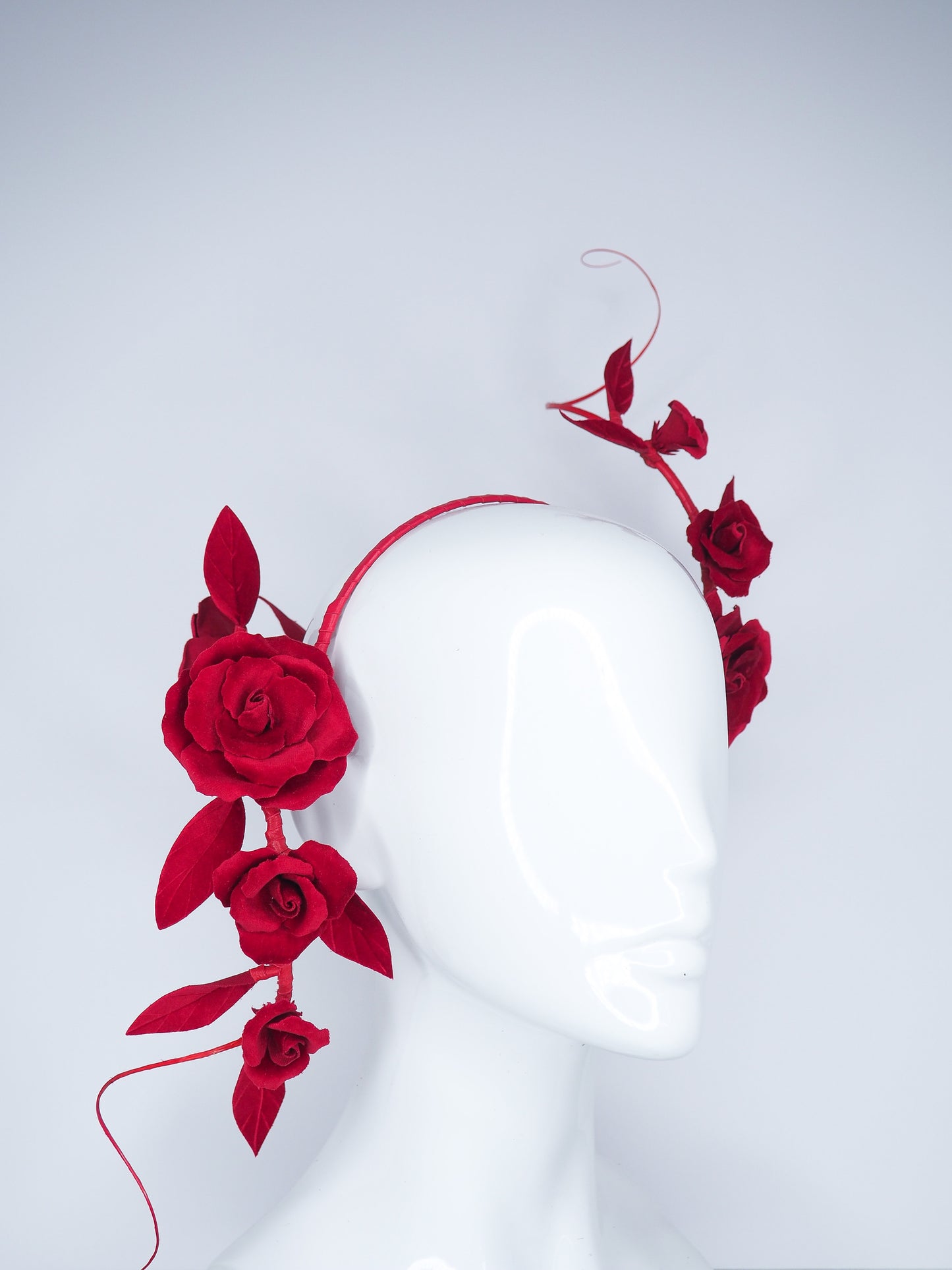 Red Velvet Swirl - Velvet rose wrap headband with leather and Quills