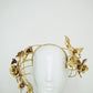 Ray of Light - Back facing wired headband with trailing golden leather rose vine detail