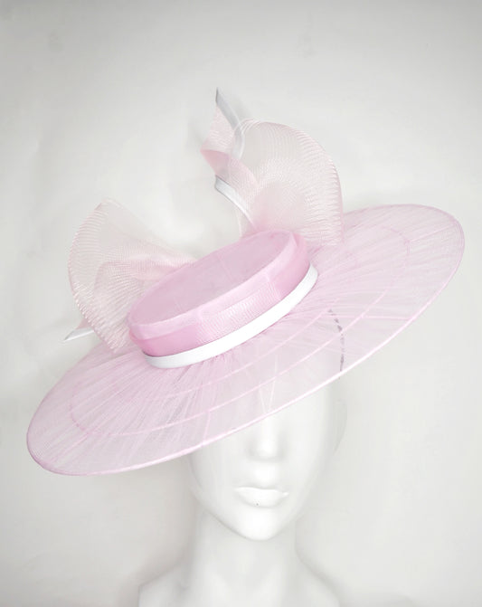 Pixie Dust - Baby pink Tulle wire brimmed boater with petersham ties and glitter printed flowers.