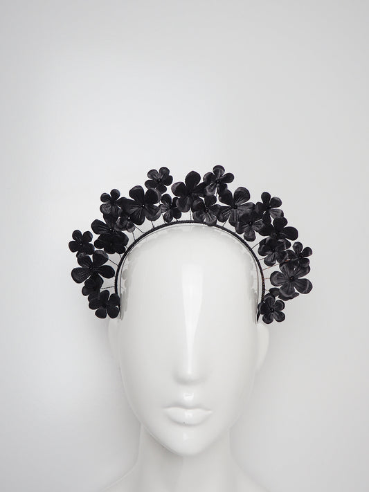 Fields of Flowers - Black Leather flower Halo with beaded centres.