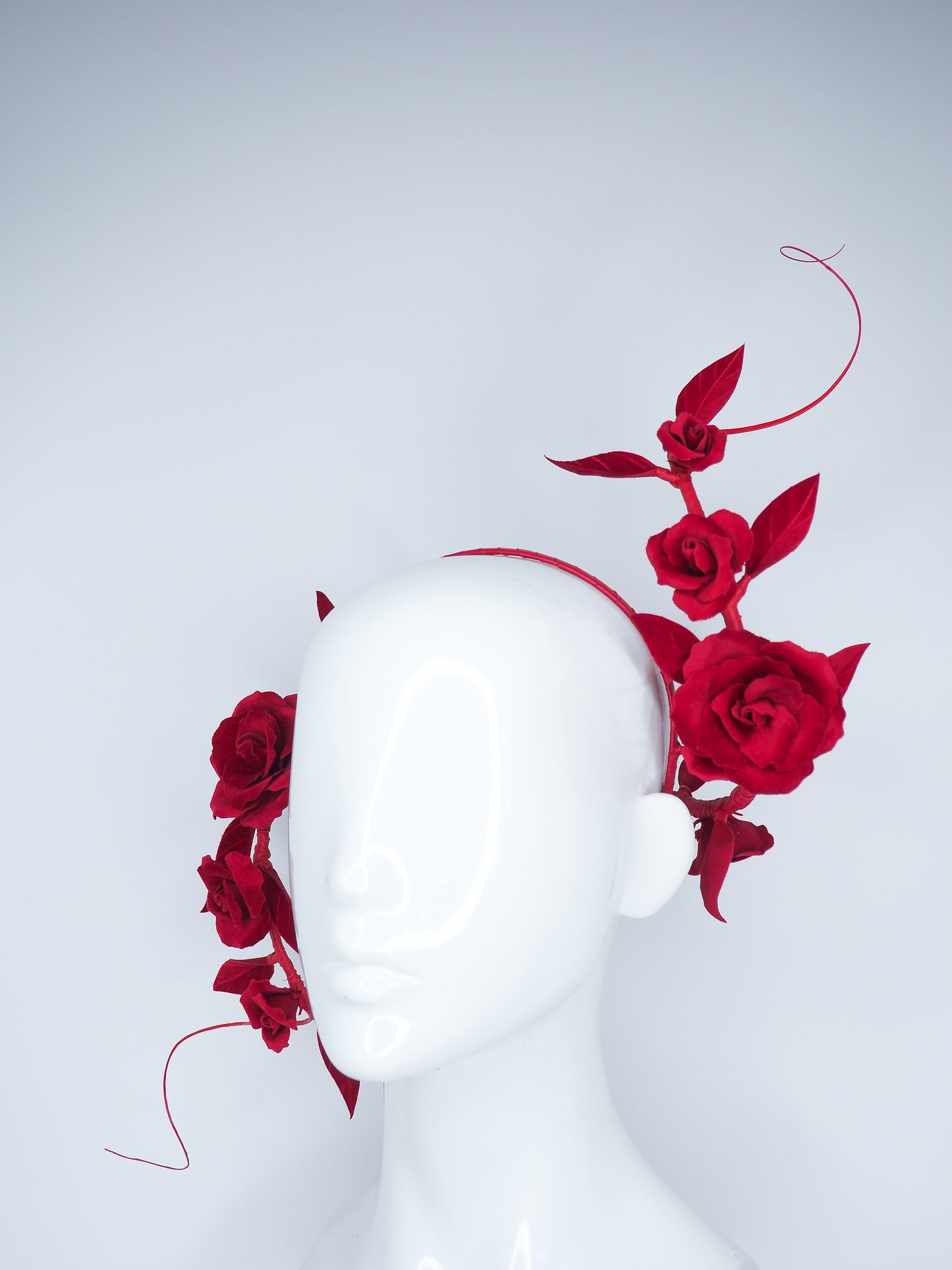 Red Velvet Swirl - Velvet rose wrap headband with leather and Quills