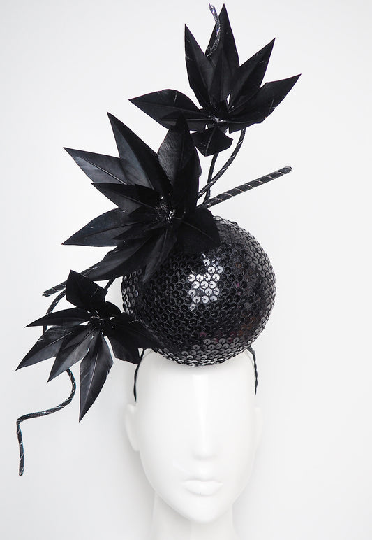 Disco Nior - Sequin percher sphere with black feather flowers and metallic swirl Quills.