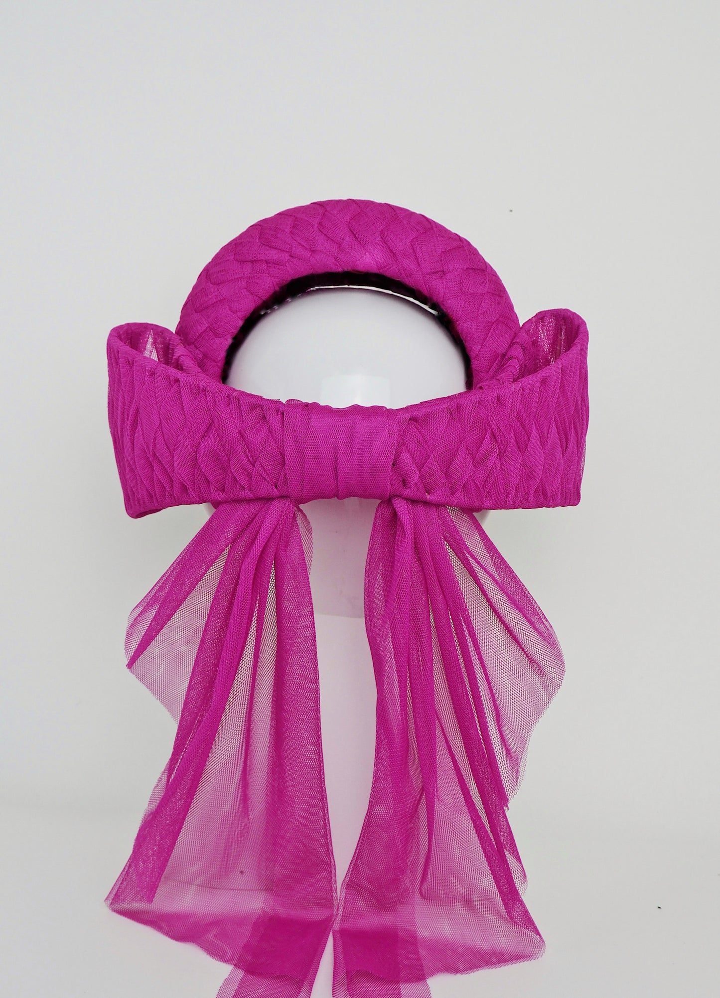 Hot To Trot - Woven pink tulle 3d headband with rear facing bow.