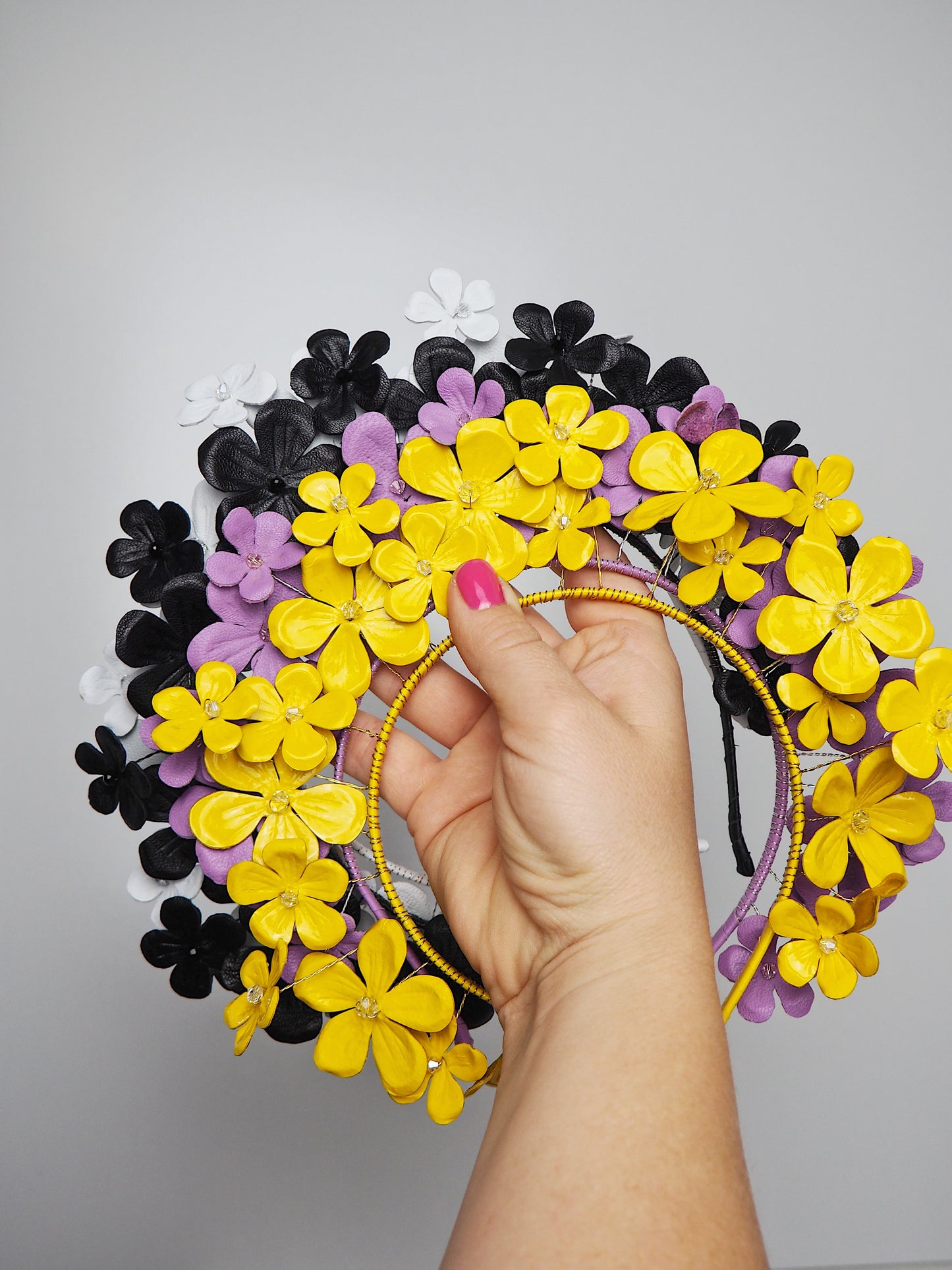 Fields of Flowers - Patent Yellow Leather flower Halo with beaded centres.