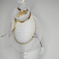 Golden lights - White leather and gold trimmed percher with wired veil and mesh detail
