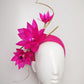 Life of the Party - Vivid pink straw 3D headband with gold quills and feather flowers