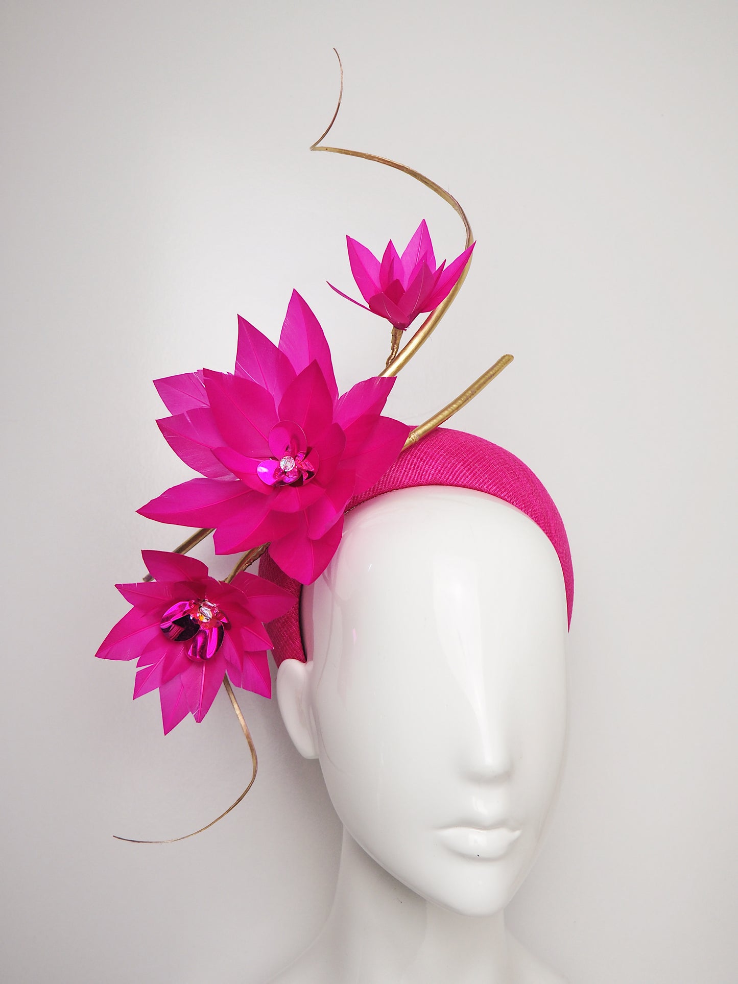 Life of the Party - Vivid pink straw 3D headband with gold quills and feather flowers