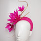 Life of the Party - Vivid pink straw 3D headband with gold quills and feather flowers