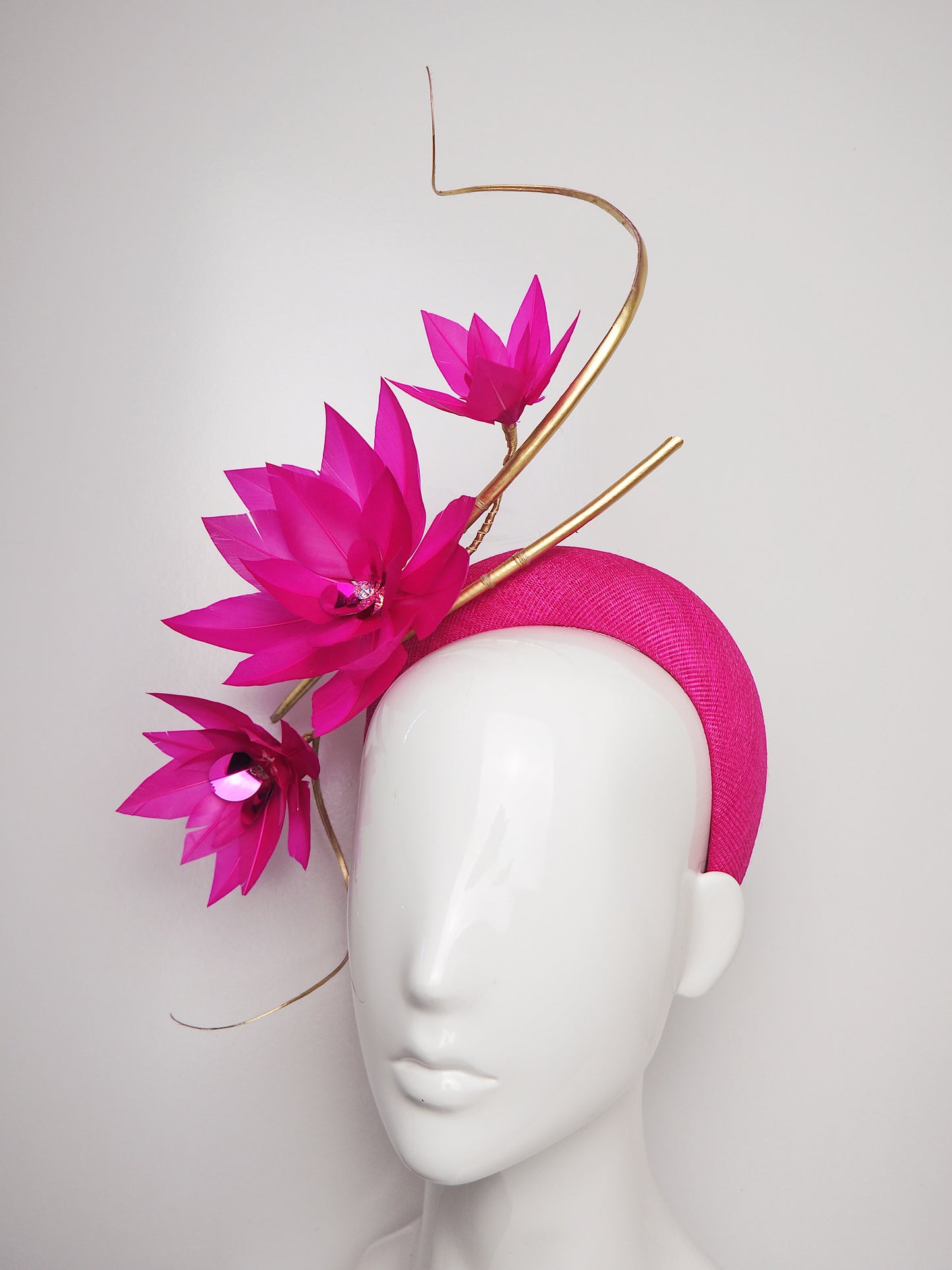 Life of the Party - Vivid pink straw 3D headband with gold quills and feather flowers