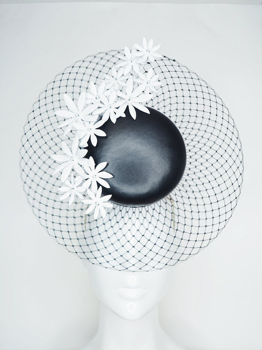 Derby Delight - Black and white leather Percher with Daises