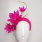 Life of the Party - Vivid pink straw 3D headband with gold quills and feather flowers