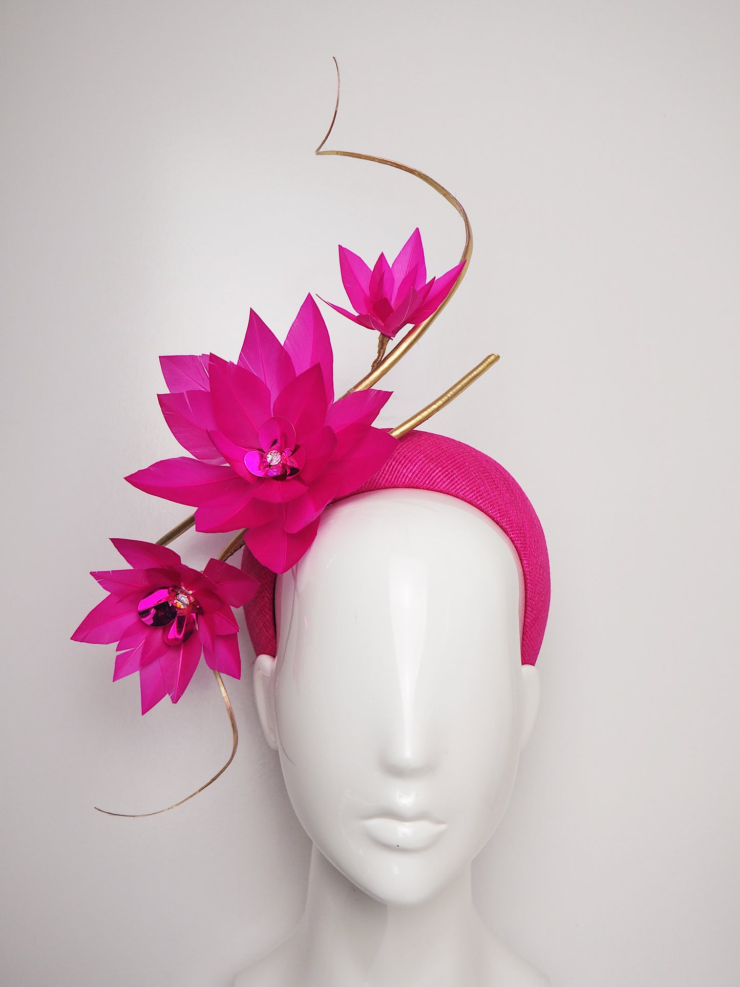 Life of the Party - Vivid pink straw 3D headband with gold quills and feather flowers