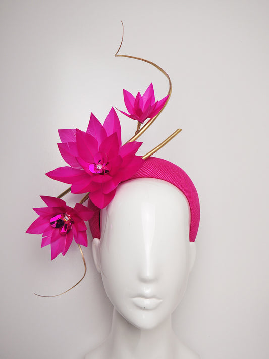 Life of the Party - Vivid pink straw 3D headband with gold quills and feather flowers