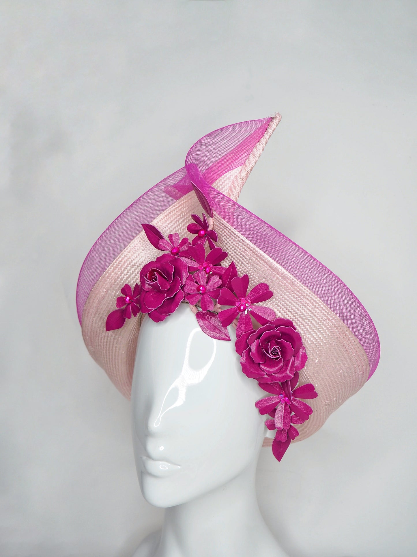 Magenta swirl - baby pink parisisal straw with magenta pink flower vine and crinoline