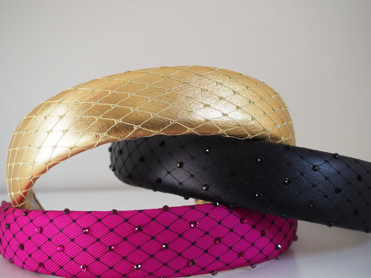 Zoe- Leather padded headband with veil detail - gold