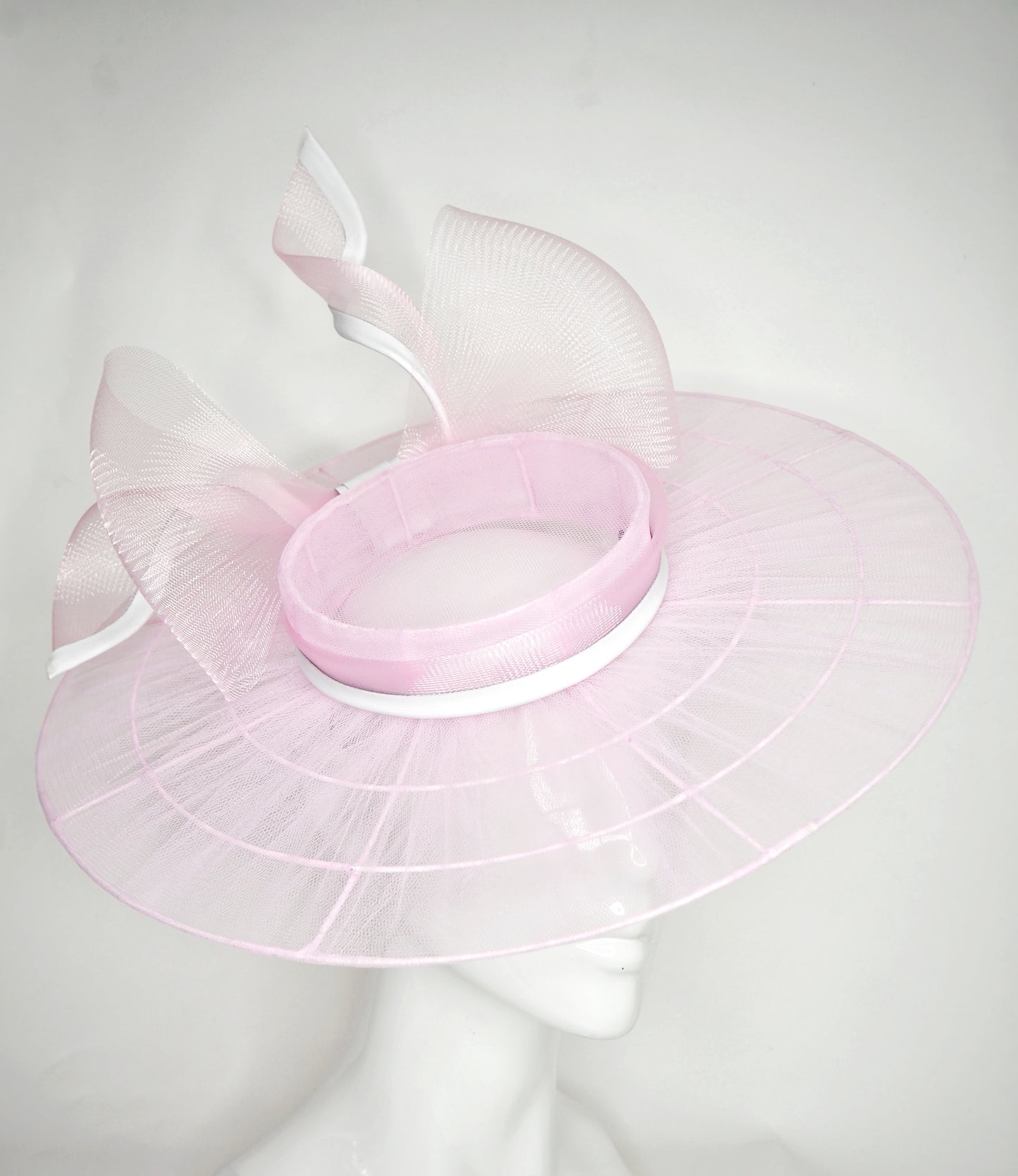 Pixie Dust - Baby pink Tulle wire brimmed boater with petersham ties and glitter printed flowers.